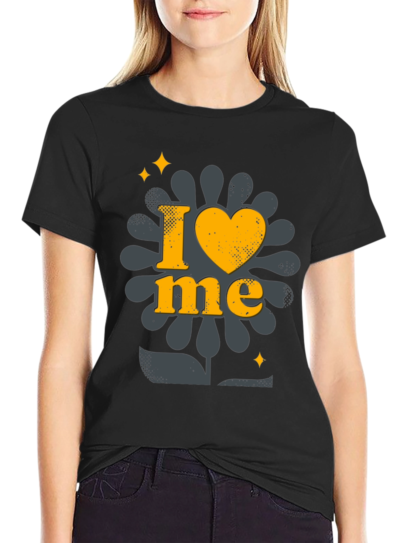 I Love Me Black T-Shirt with Floral Design