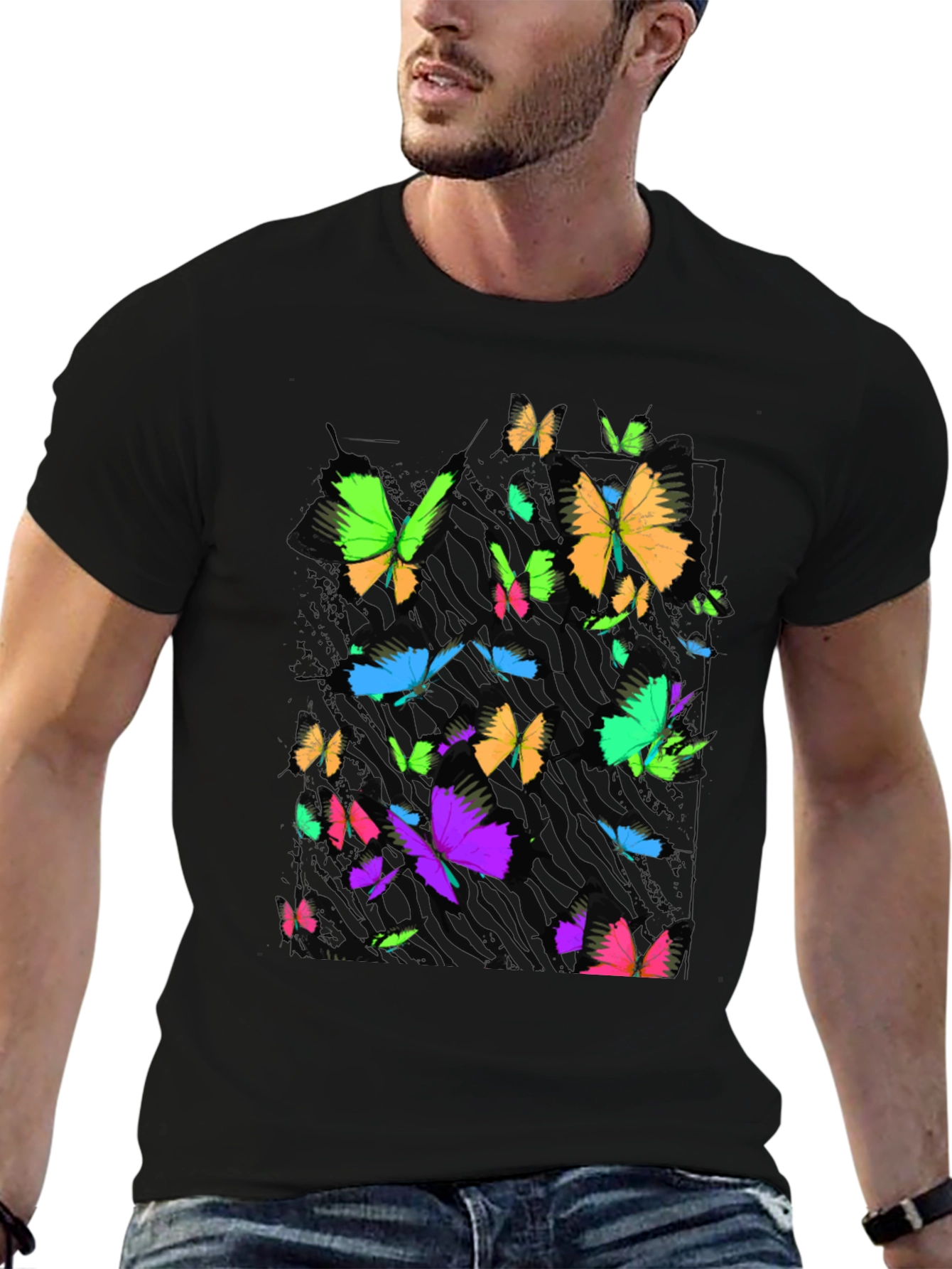 Vibrant Butterfly Graphic Black T-Shirt