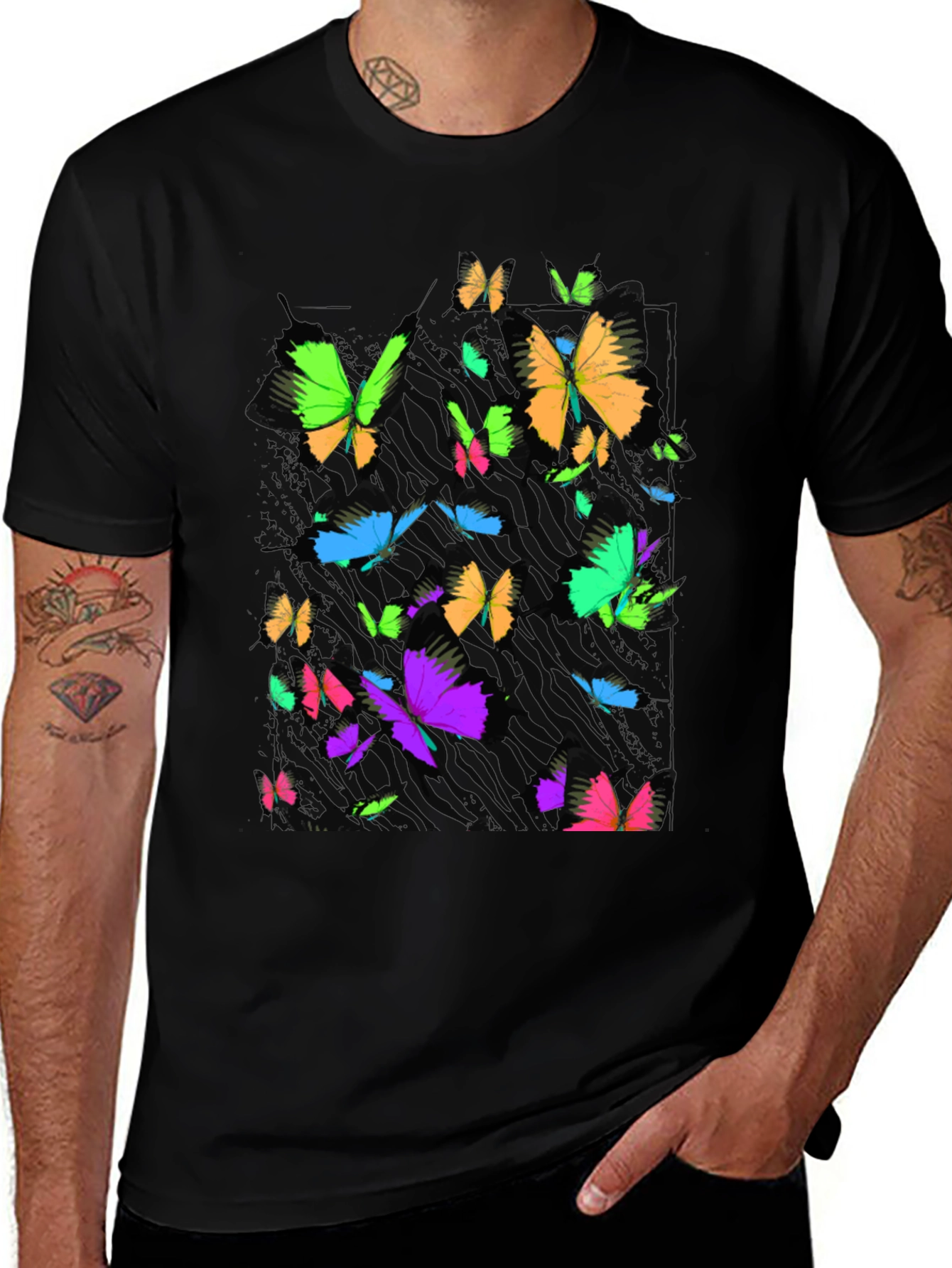 Vibrant Butterfly Graphic Black T-Shirt
