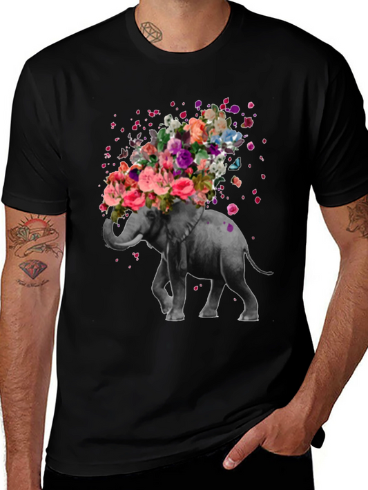 Floral Elephant Graphic Tee - Artistic Mens T-Shirt