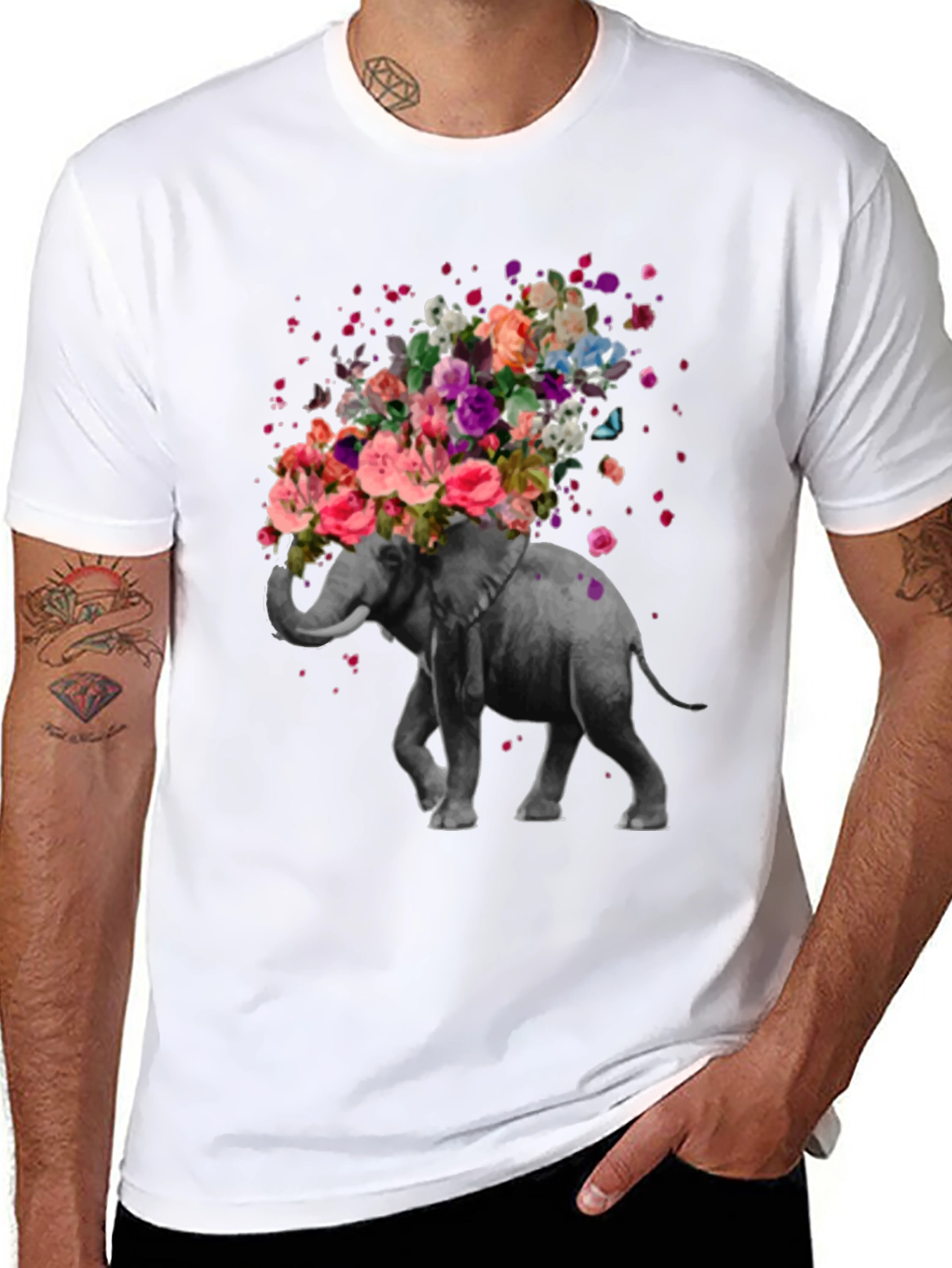 Floral Elephant Graphic Tee - Artistic Mens T-Shirt
