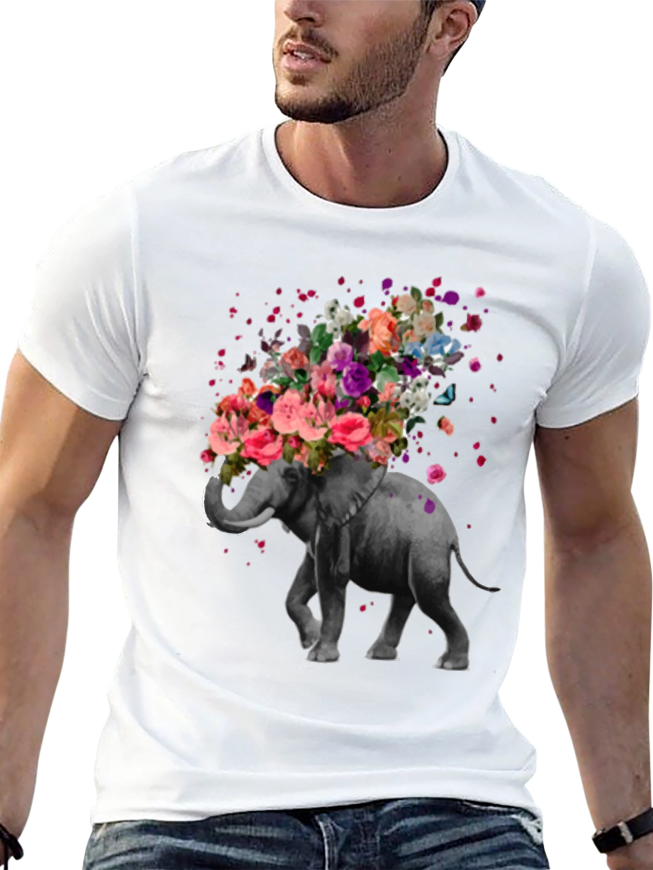 Floral Elephant Graphic Tee - Artistic Mens T-Shirt