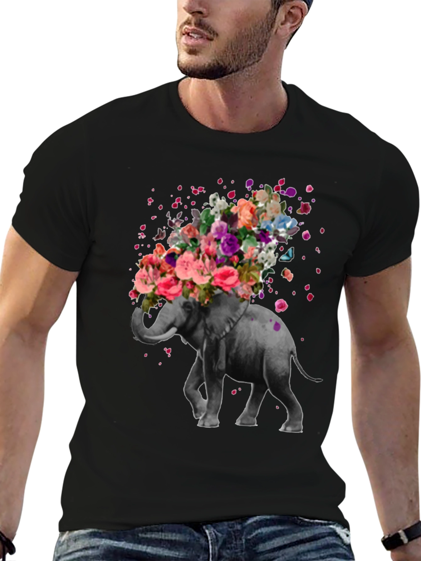 Floral Elephant Graphic Tee - Artistic Mens T-Shirt
