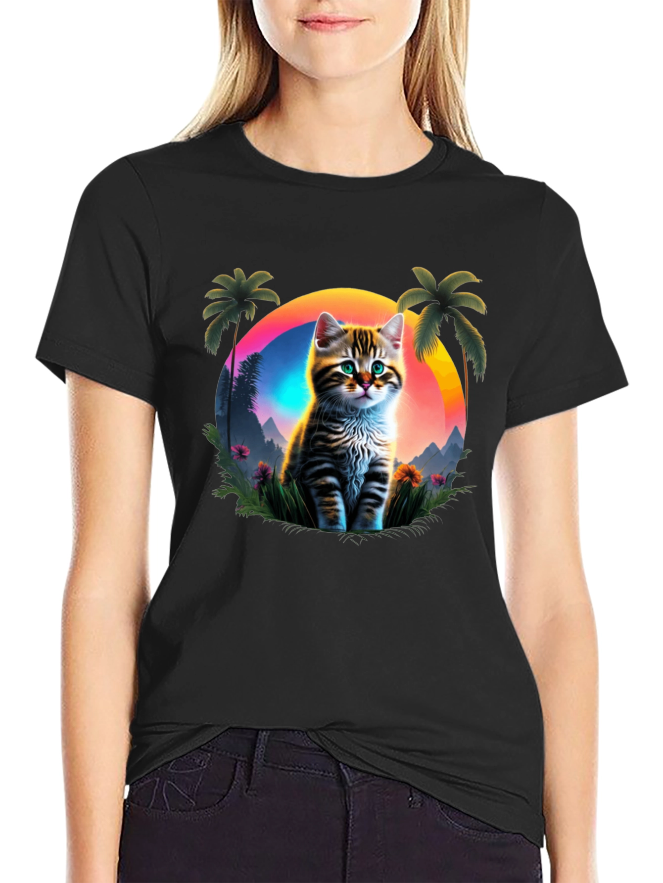 Cat Sunset Graphic Tee - Tropical Vibes