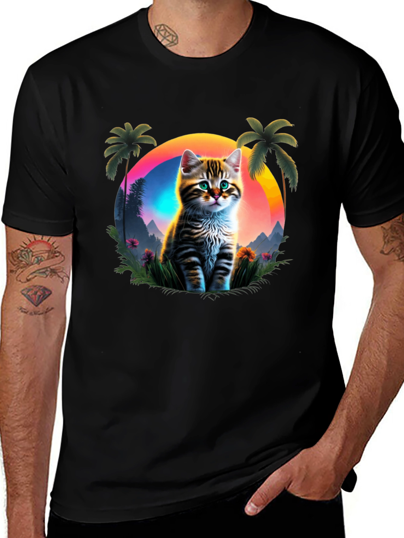 Cat Sunset Graphic Tee - Tropical Vibes