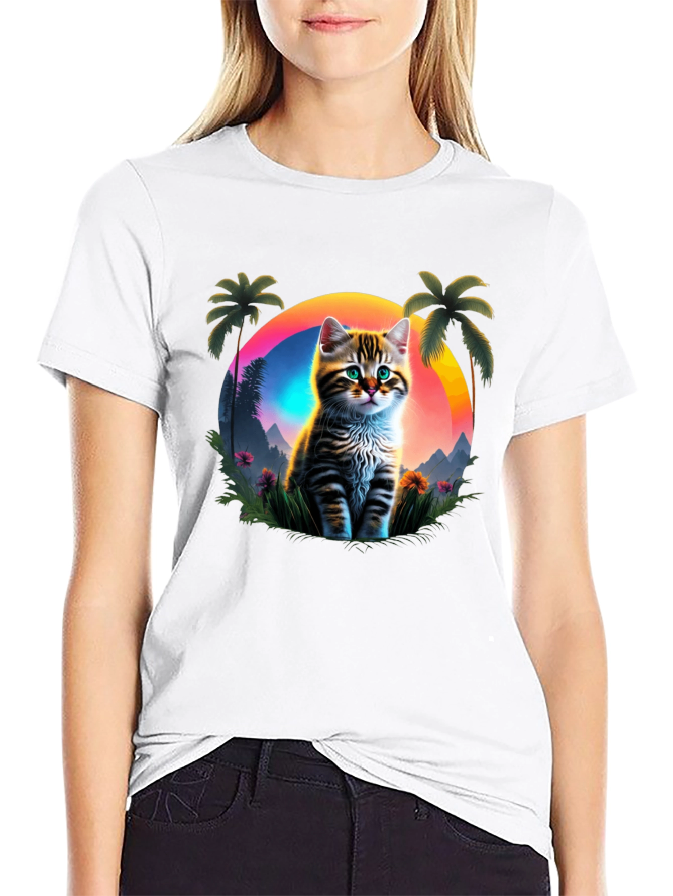Cat Sunset Graphic Tee - Tropical Vibes