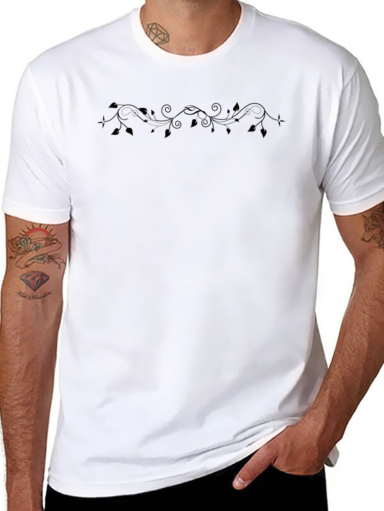 Mens Black T-Shirt with Vine Design