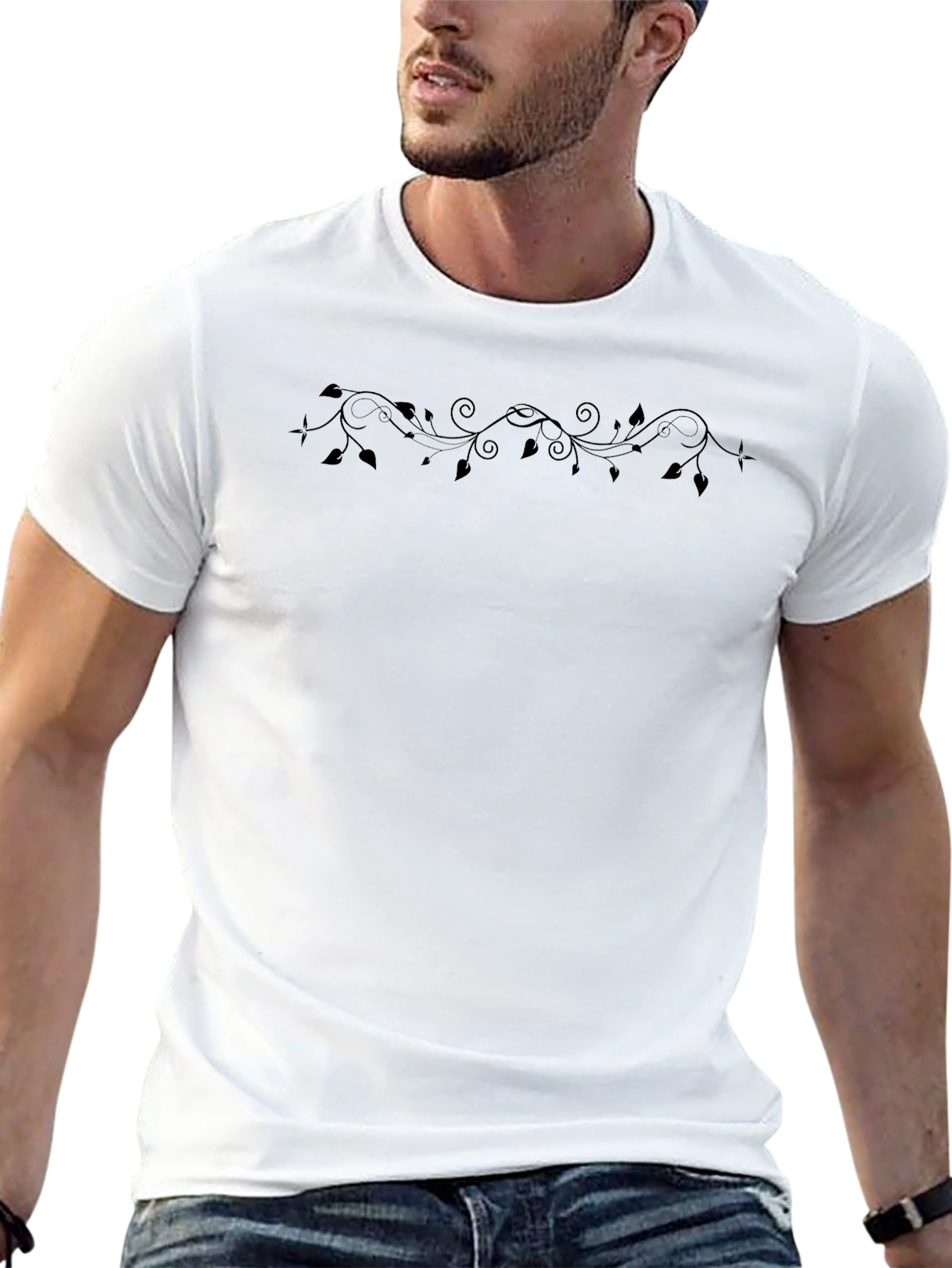 Mens Black T-Shirt with Vine Design