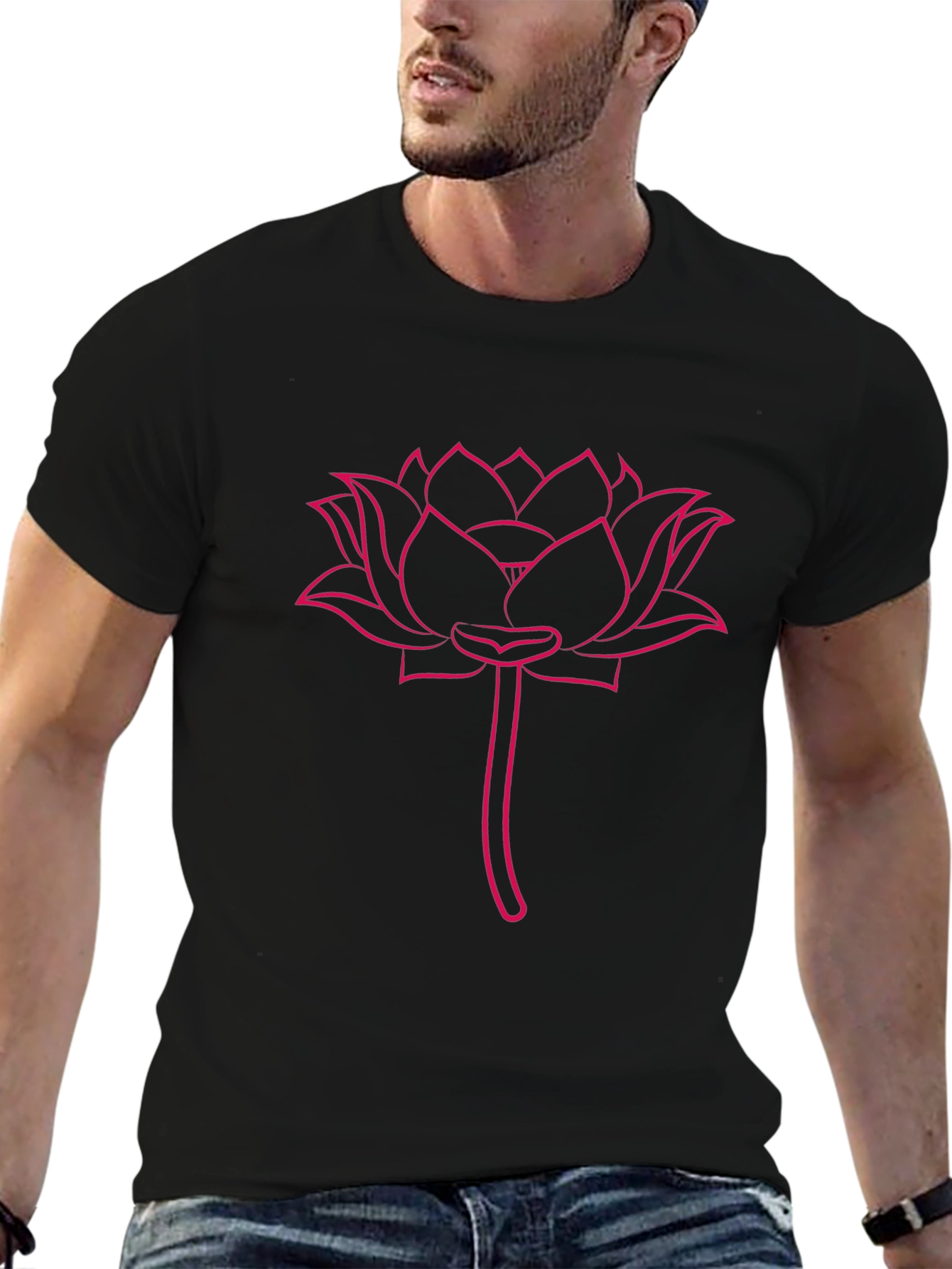 Pink Lotus Flower Print Black T-Shirt