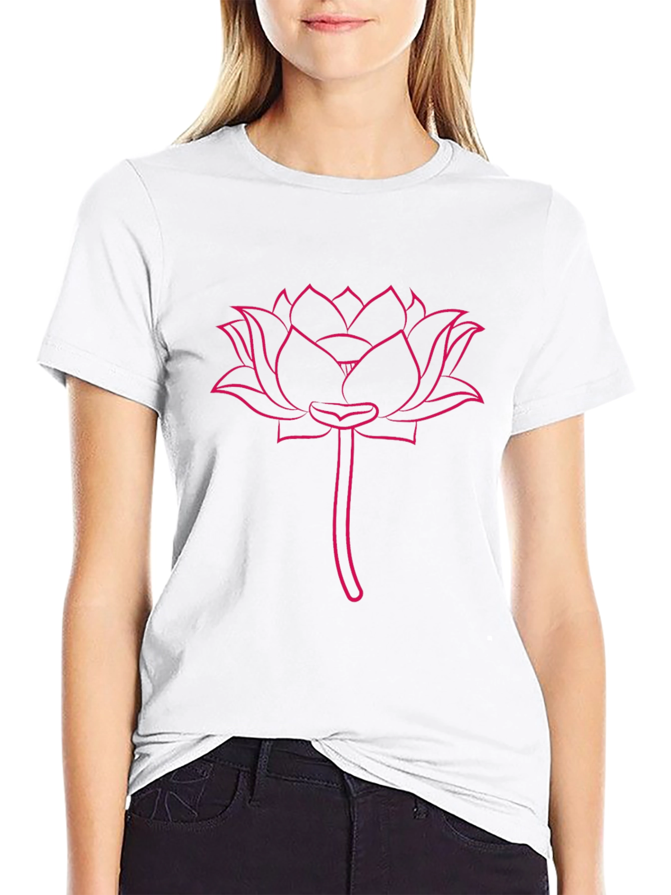Pink Lotus Flower Print Black T-Shirt