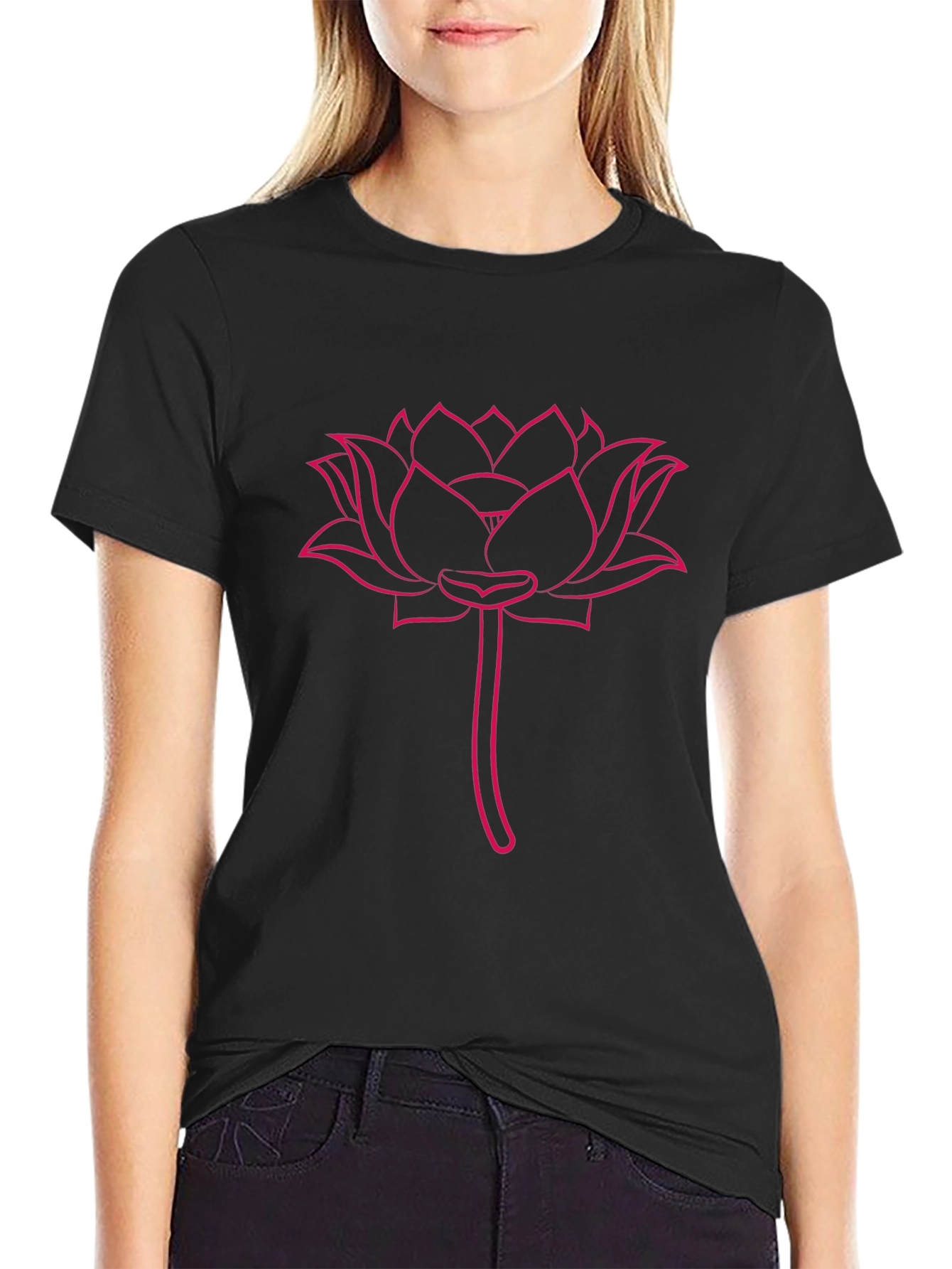 Pink Lotus Flower Print Black T-Shirt