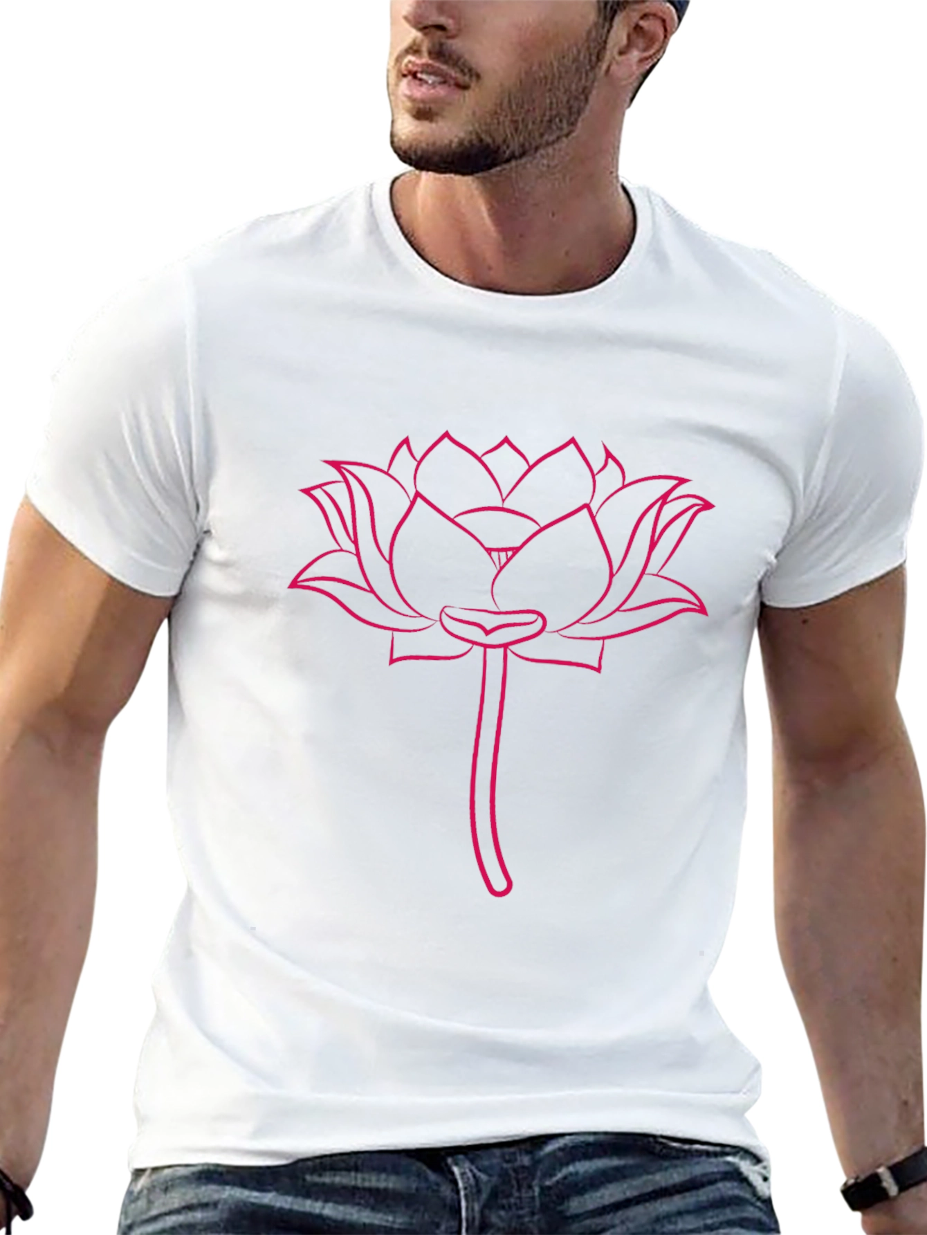Pink Lotus Flower Print Black T-Shirt