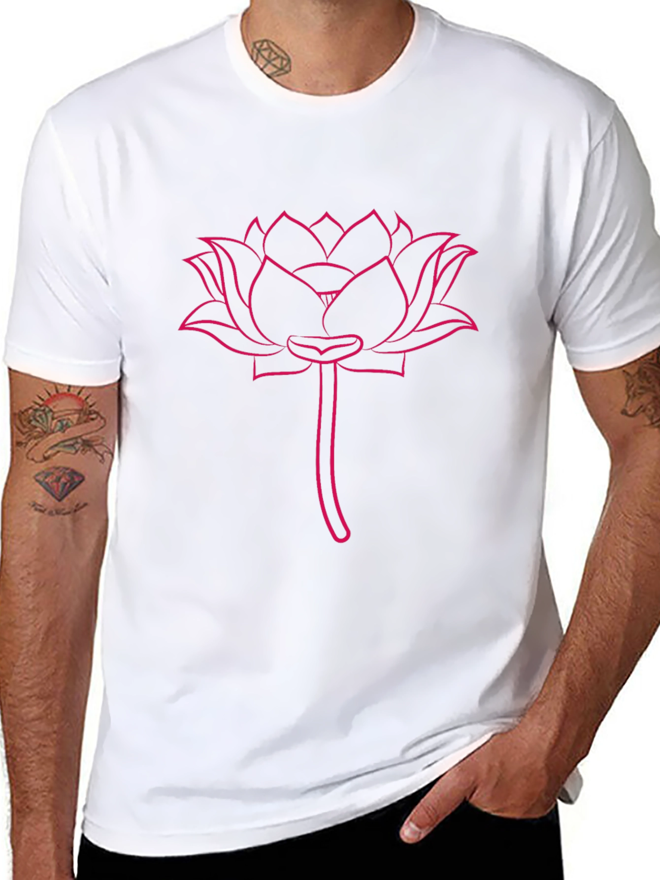 Pink Lotus Flower Print Black T-Shirt