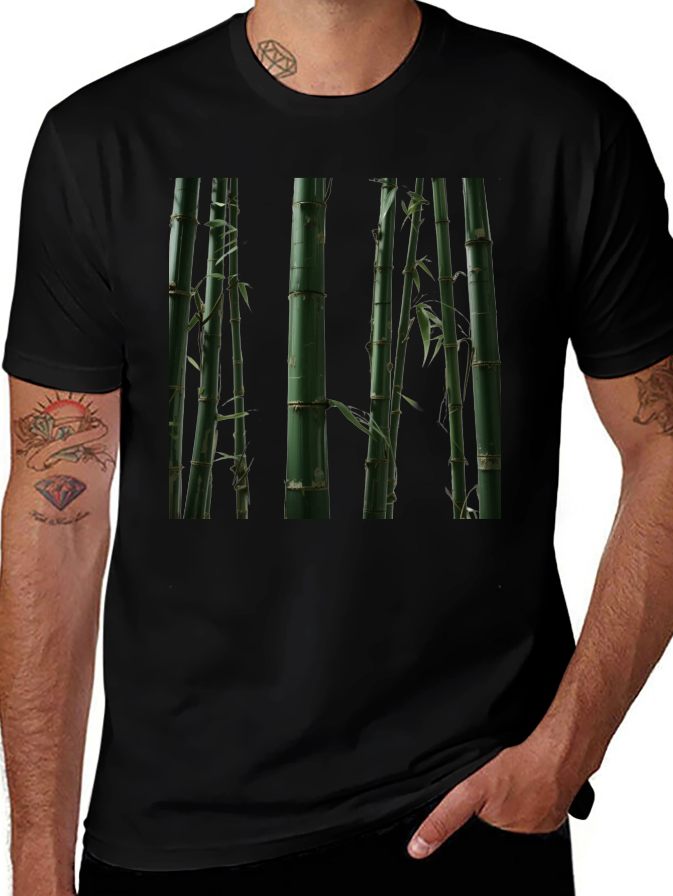 Bamboo Print Black T-Shirt