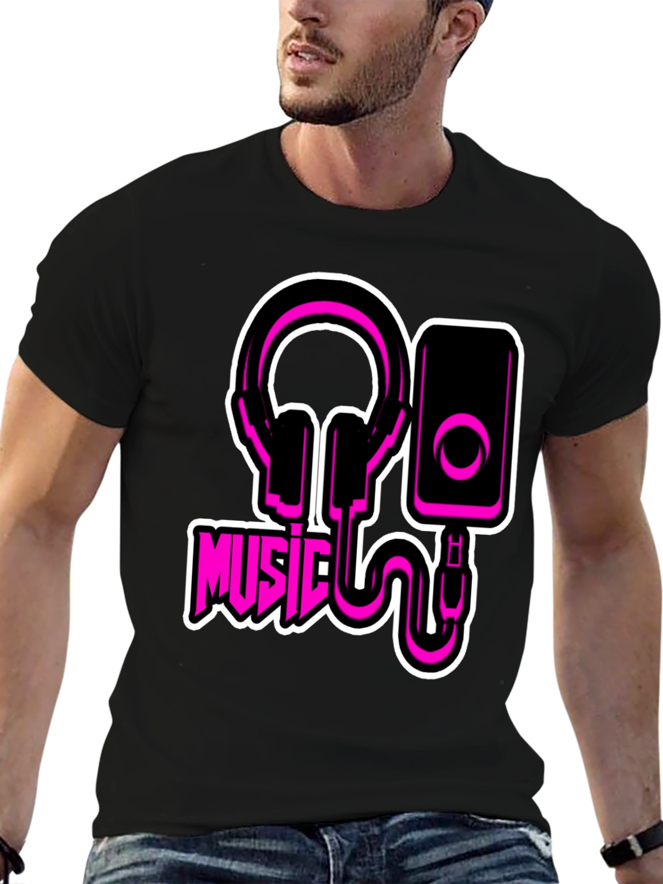 Black Music T-Shirt - Headphones and Speaker Graphic Tee