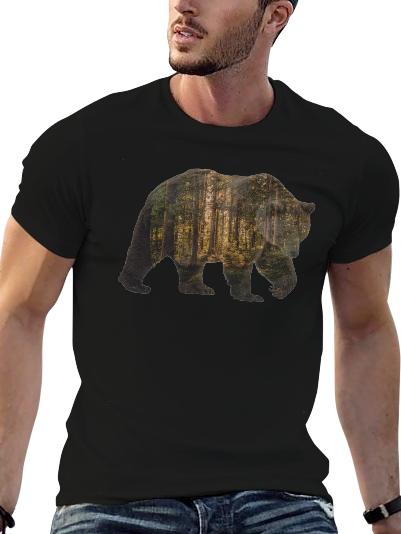Bear Forest Print Black T-Shirt