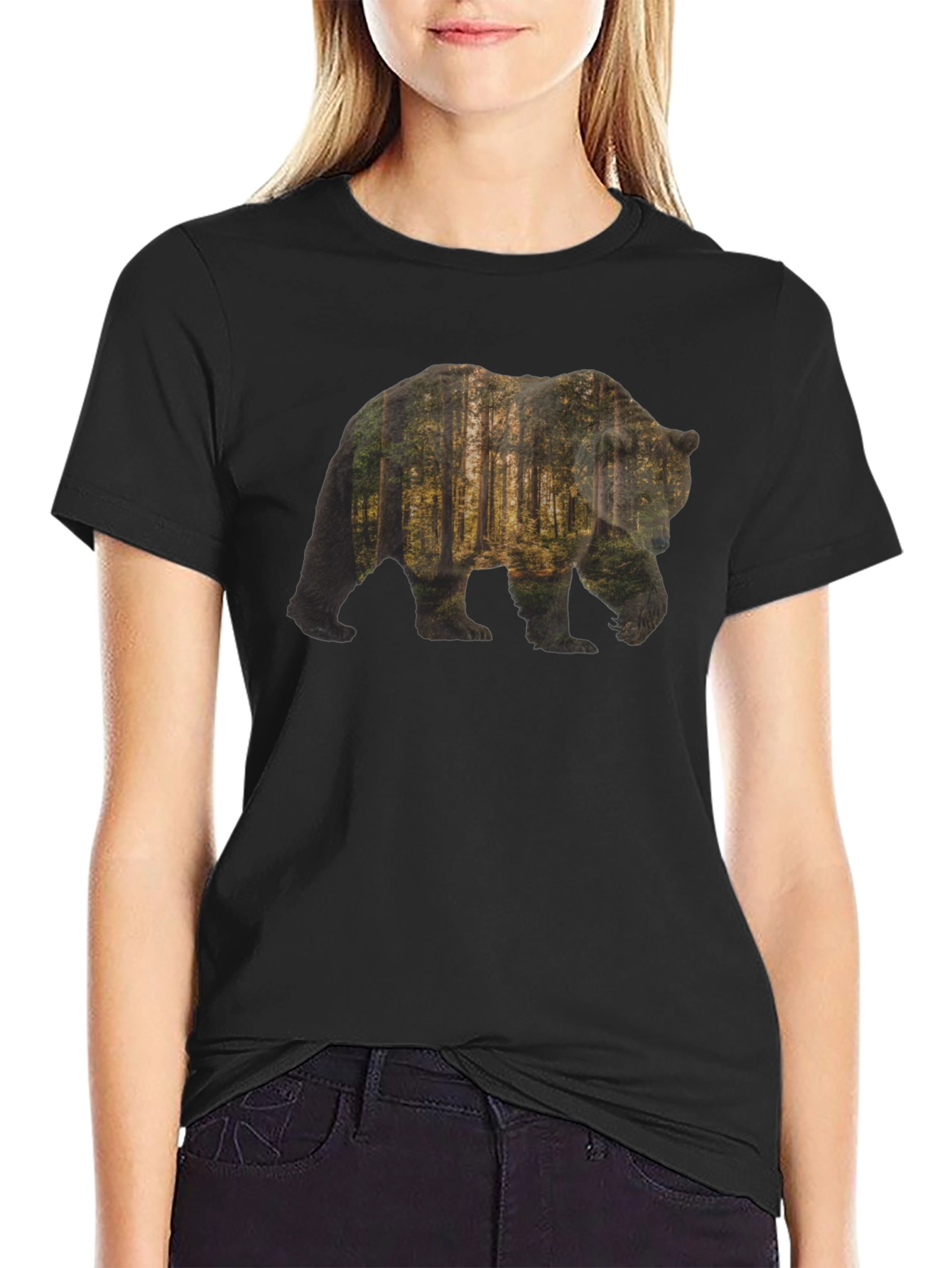 Bear Forest Print Black T-Shirt