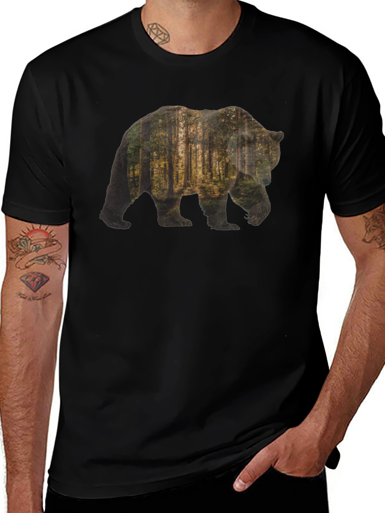 Bear Forest Print Black T-Shirt