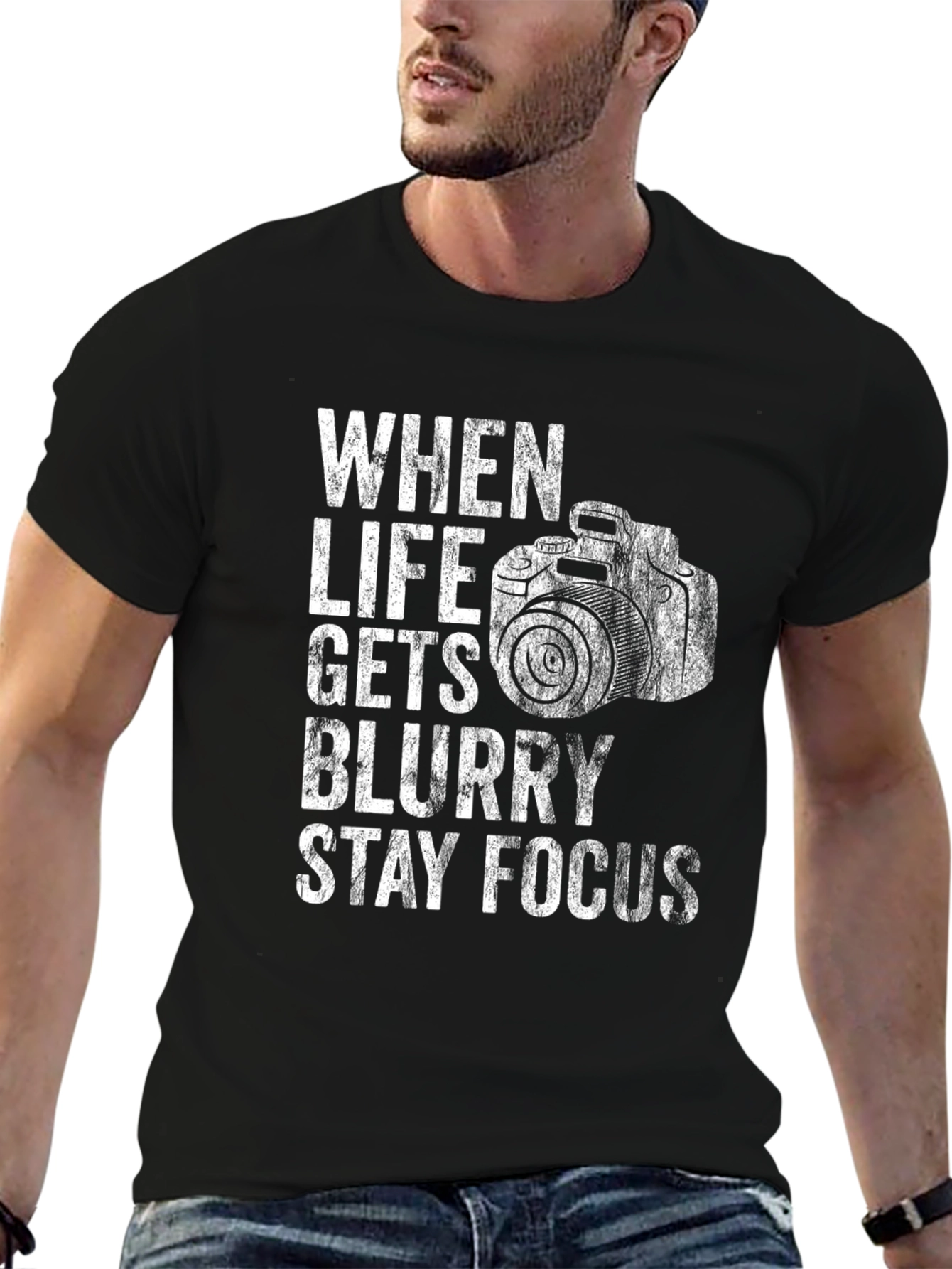 When Life Gets Blurry Stay Focus Black Graphic Tee