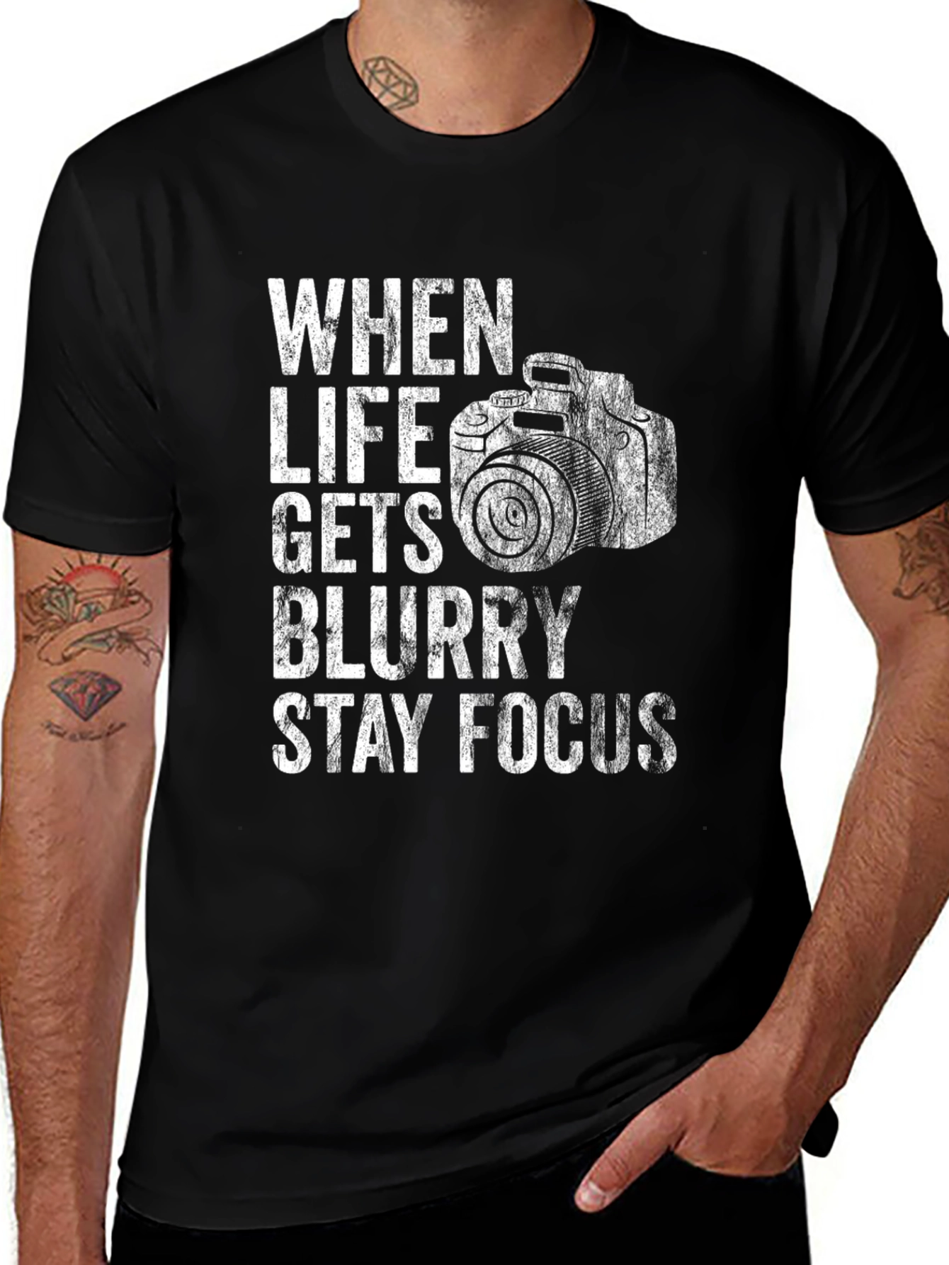 When Life Gets Blurry Stay Focus Black Graphic Tee