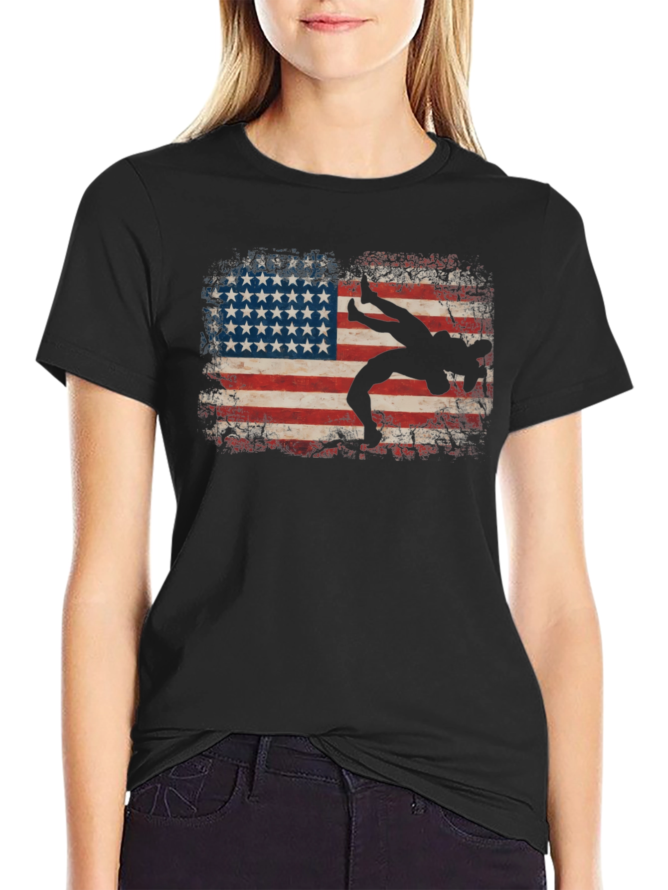 Wrestling American Flag Graphic T-Shirt