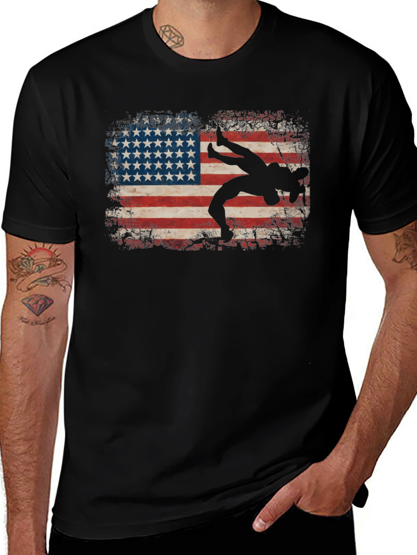 Wrestling American Flag Graphic T-Shirt