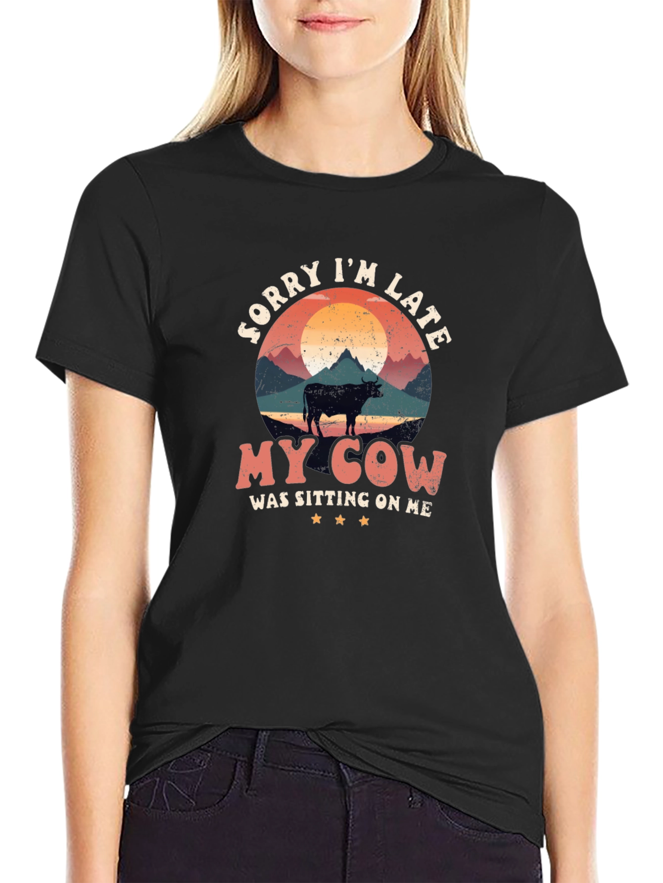 Funny Cow Graphic T-Shirt - Sorry Im Late