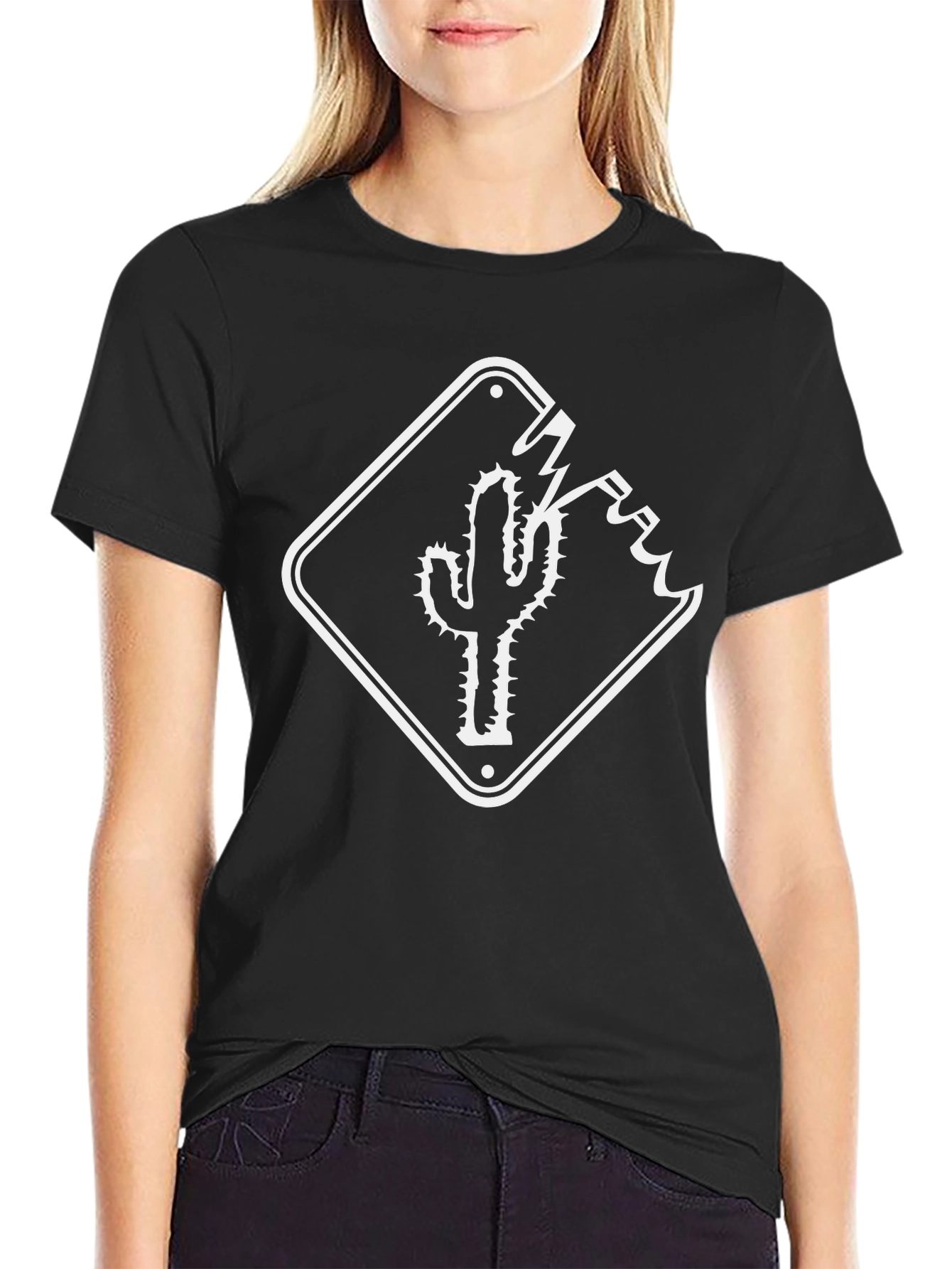 Cactus Road Sign Graphic Tee - Black Cotton T-Shirt