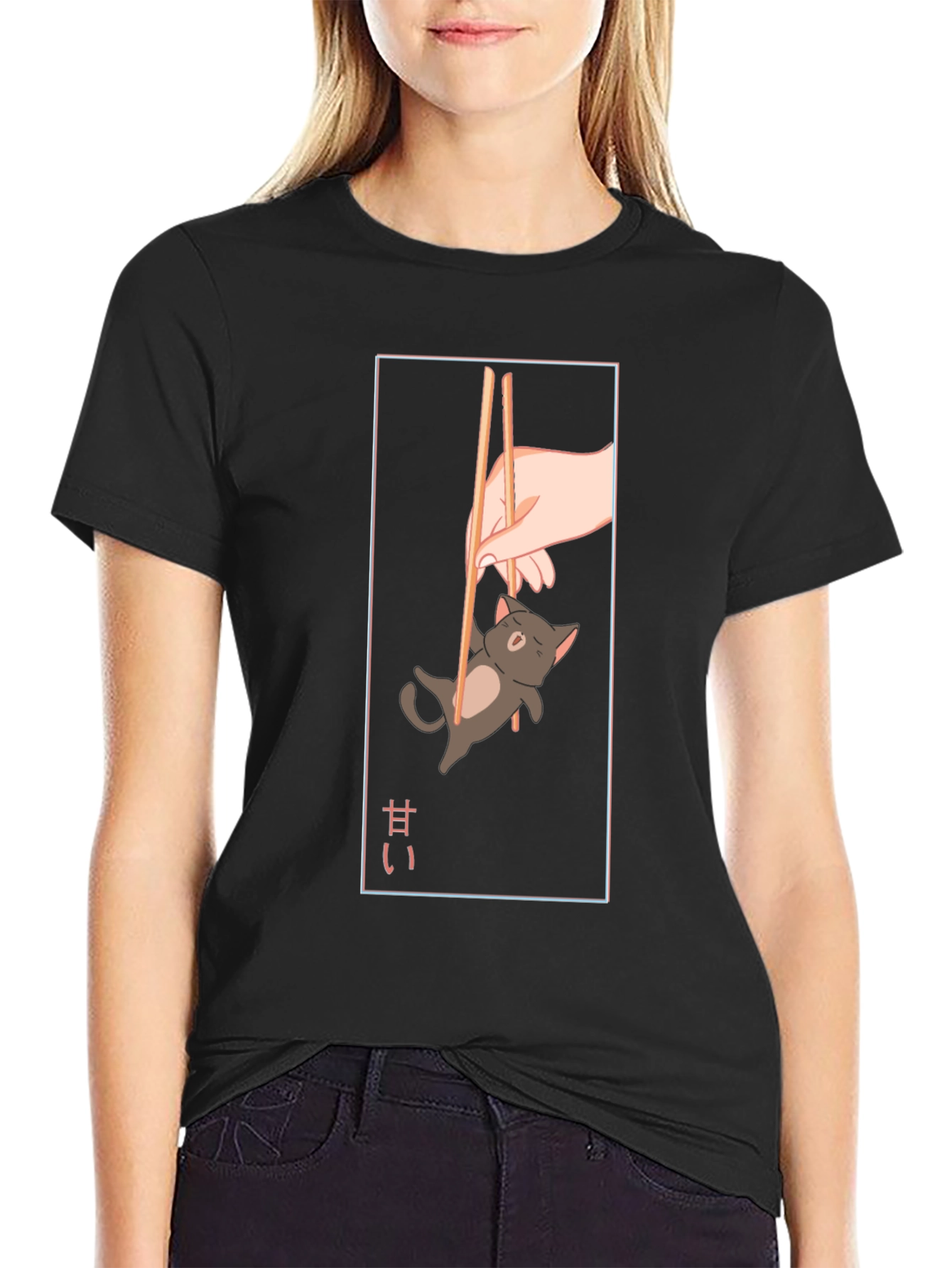 Cute Cat Chopsticks Graphic T-Shirt