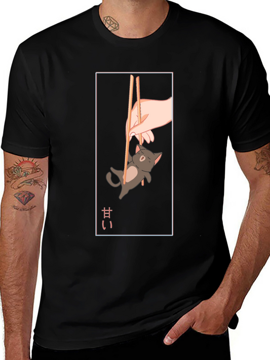 Cute Cat Chopsticks Graphic T-Shirt