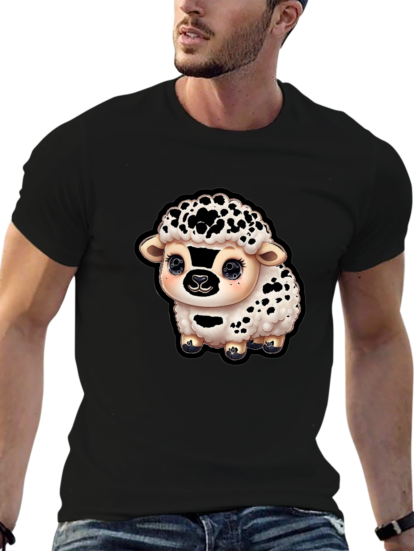 Cute Sheep Graphic T-Shirt - Black Cotton Blend