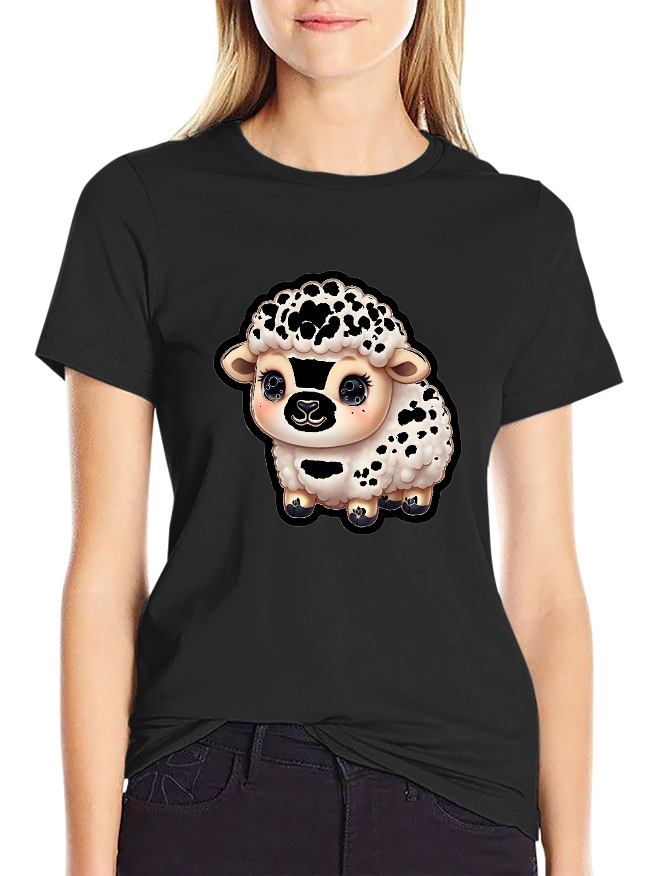 Cute Sheep Graphic T-Shirt - Black Cotton Blend