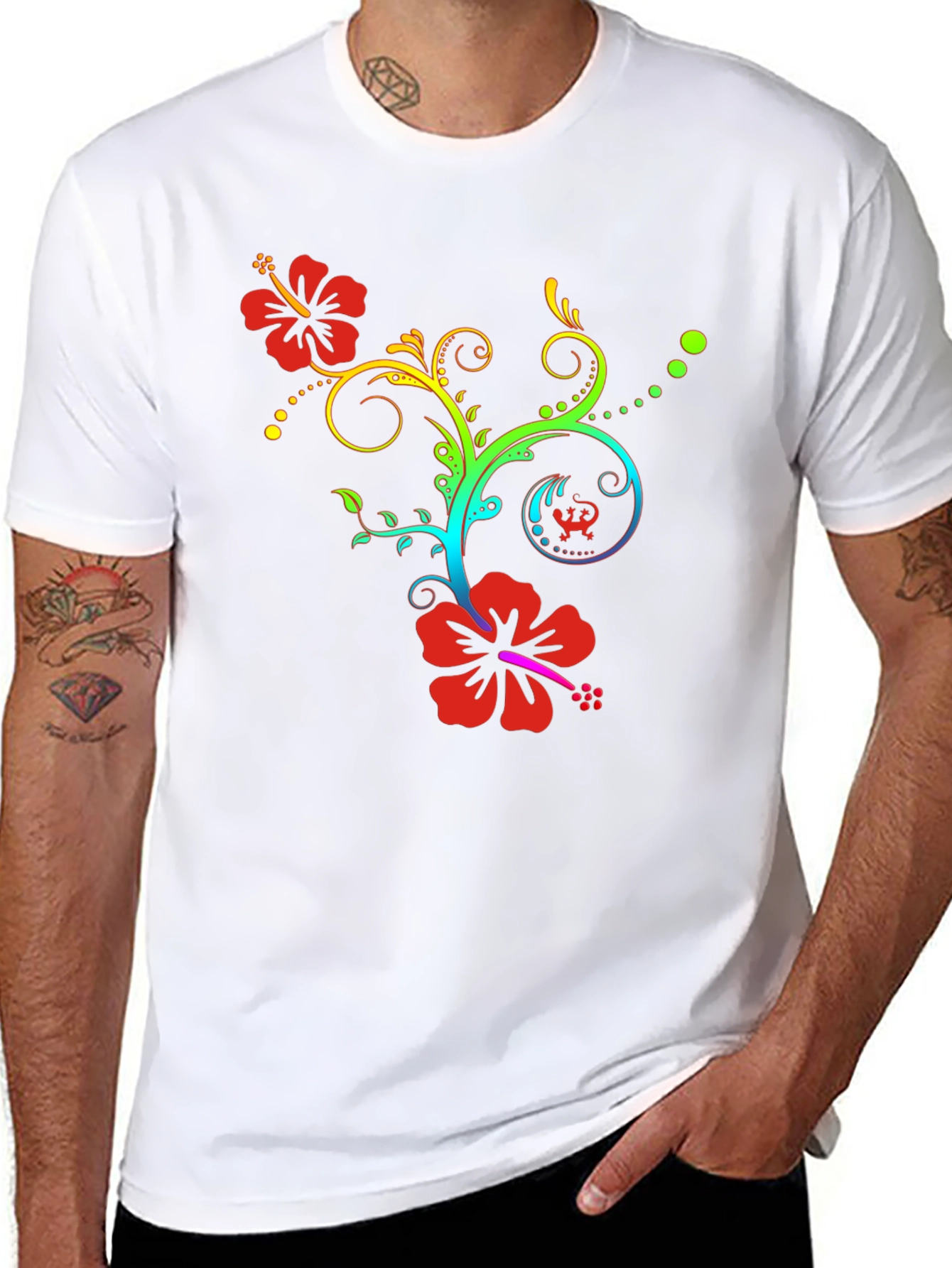 Floral Rainbow Hibiscus Black T-Shirt