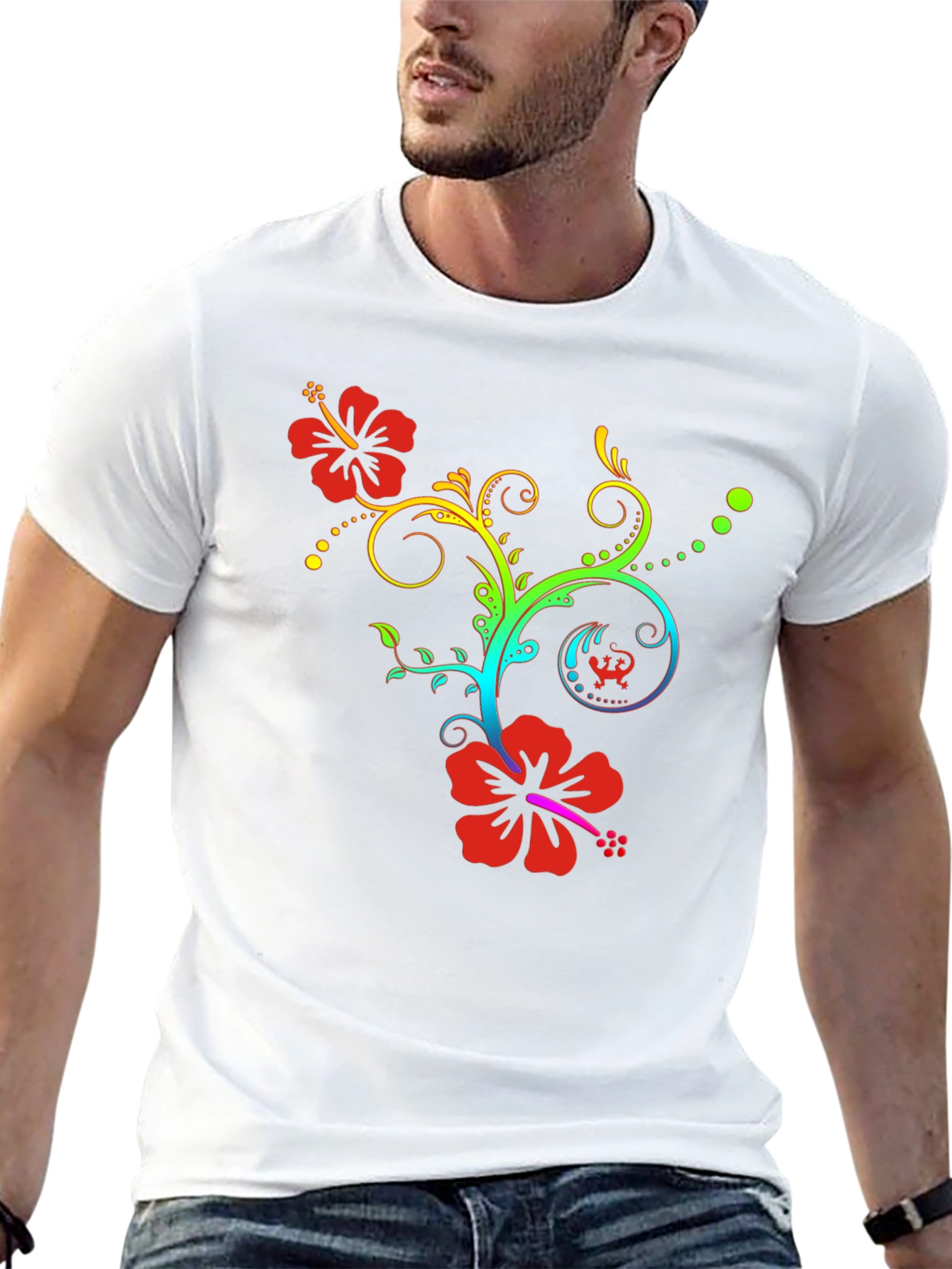 Floral Rainbow Hibiscus Black T-Shirt