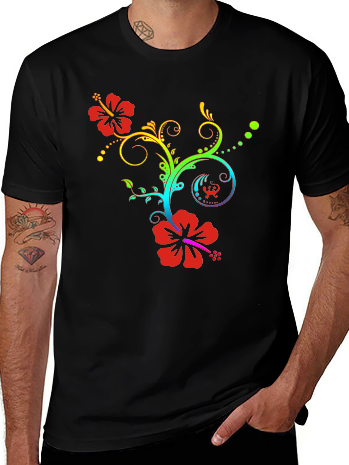 Floral Rainbow Hibiscus Black T-Shirt