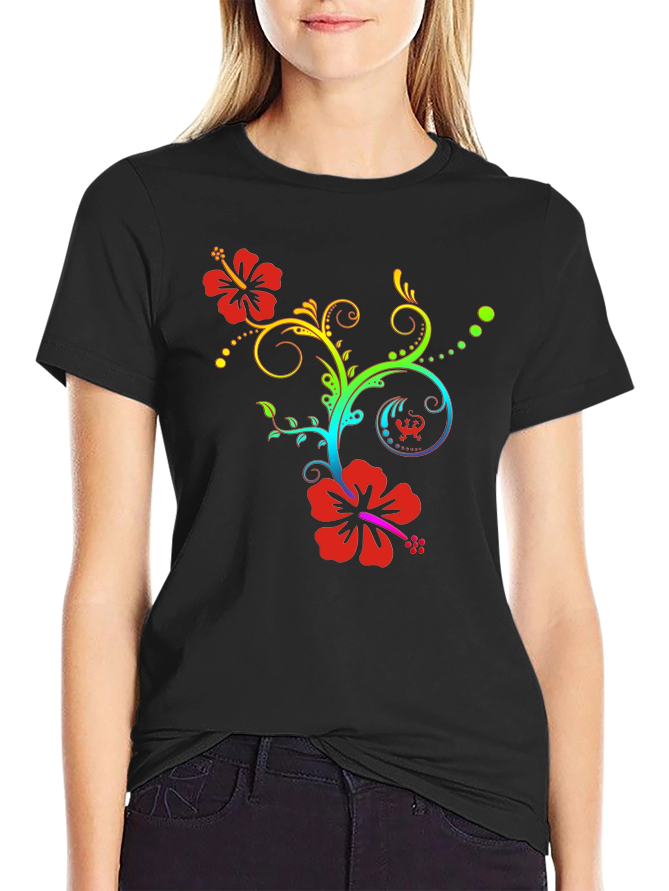 Floral Rainbow Hibiscus Black T-Shirt