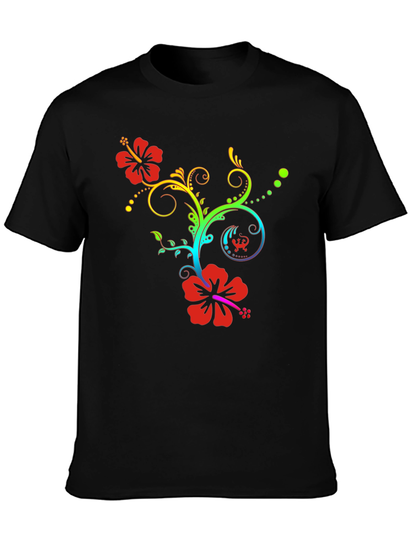 Floral Rainbow Hibiscus Black T-Shirt