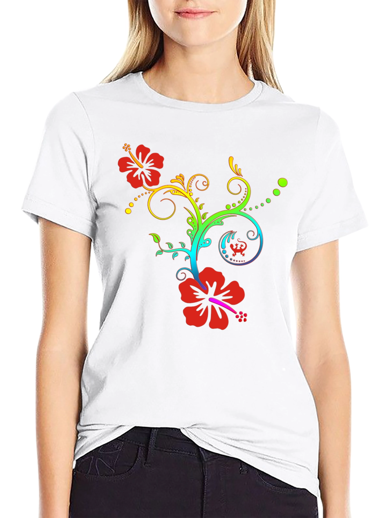 Floral Rainbow Hibiscus Black T-Shirt
