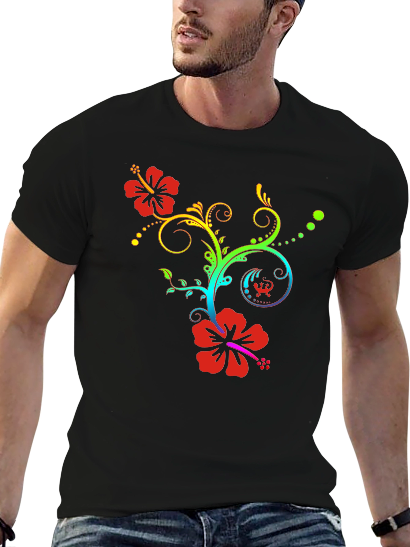Floral Rainbow Hibiscus Black T-Shirt