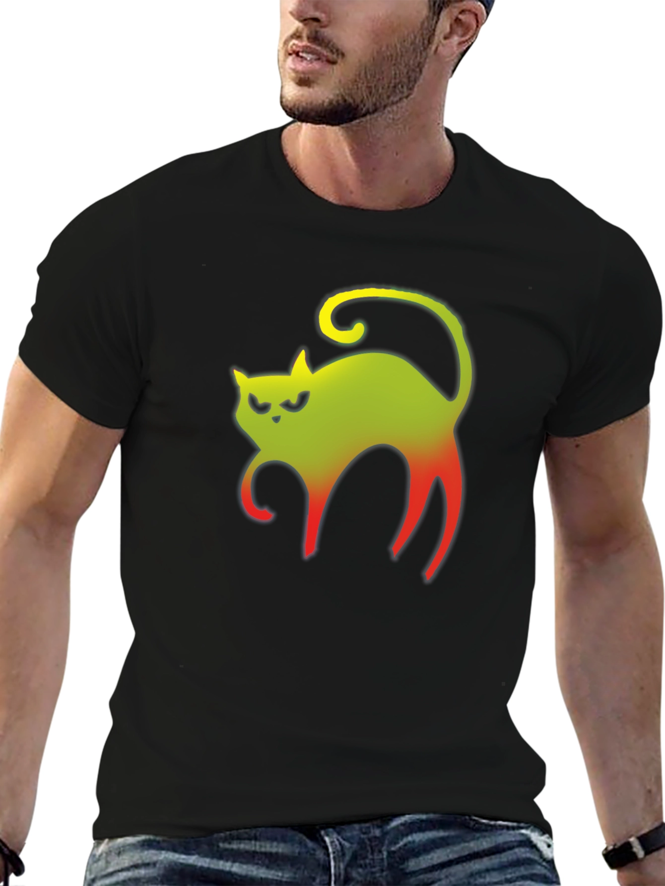 Grumpy Gradient Cat Graphic Tee - Black Cotton T-Shirt