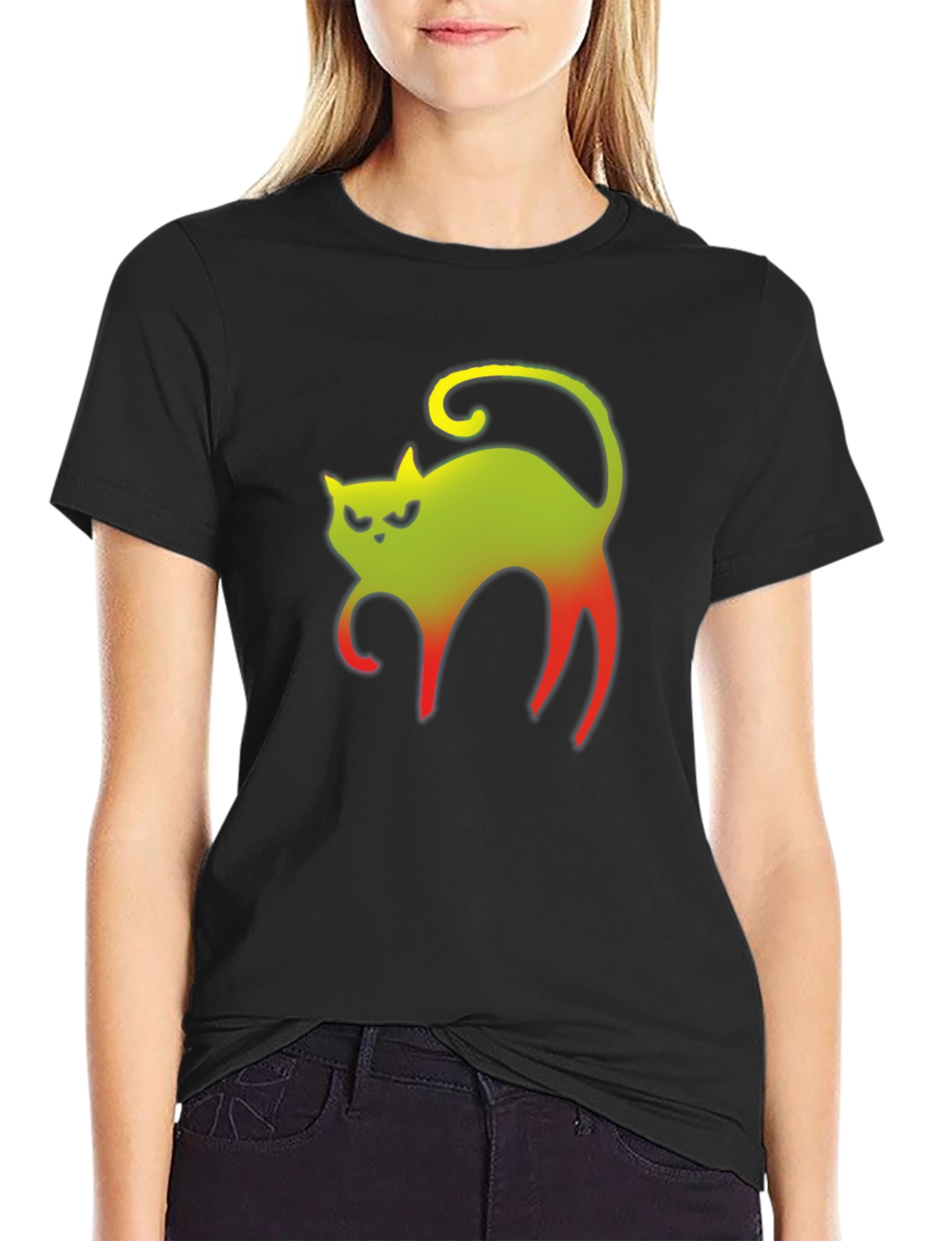 Grumpy Gradient Cat Graphic Tee - Black Cotton T-Shirt