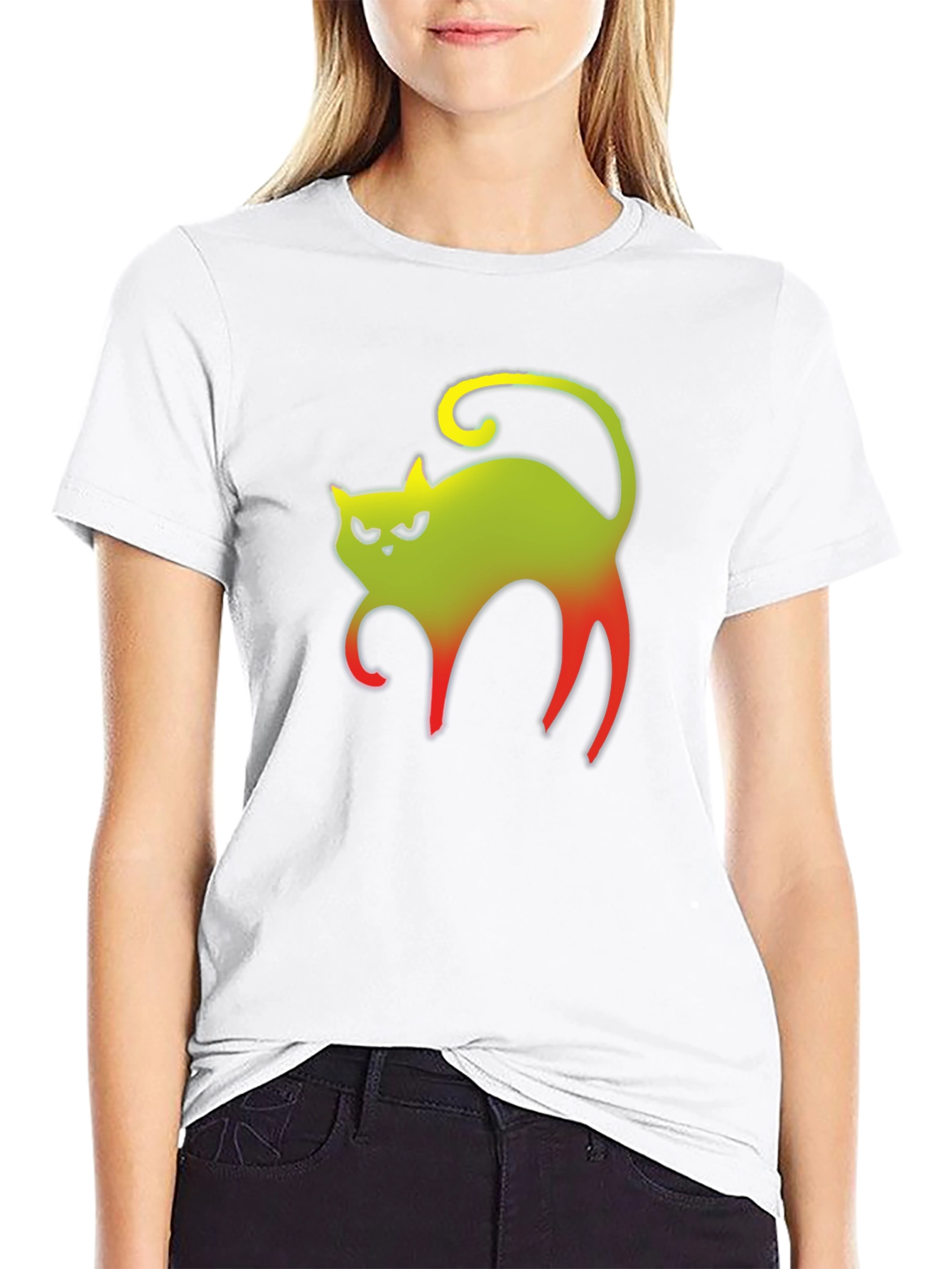 Grumpy Gradient Cat Graphic Tee - Black Cotton T-Shirt