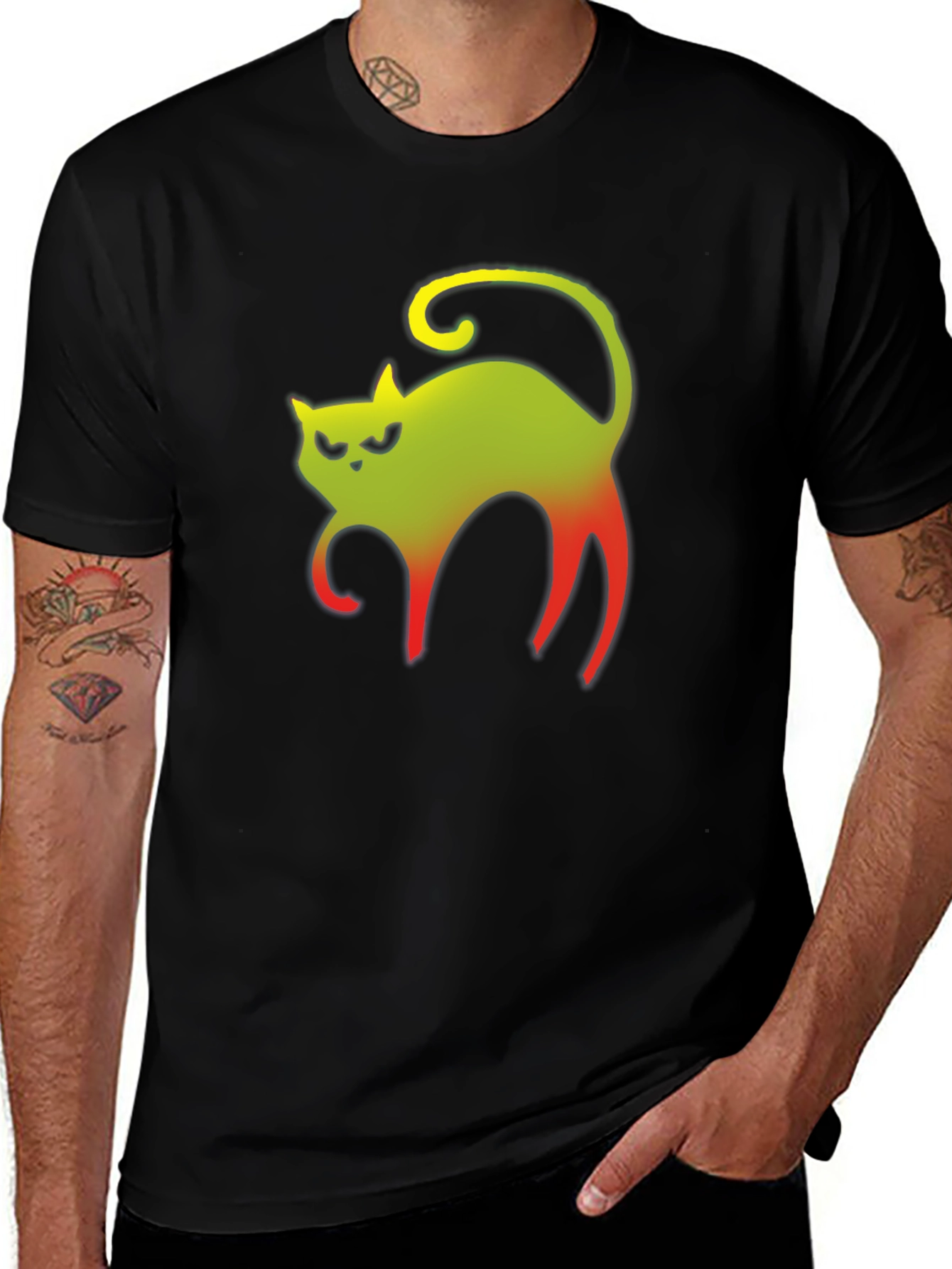 Grumpy Gradient Cat Graphic Tee - Black Cotton T-Shirt