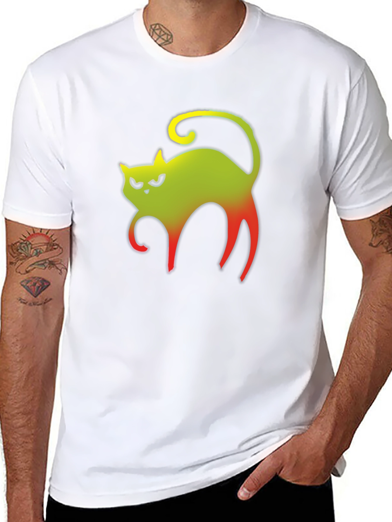 Grumpy Gradient Cat Graphic Tee - Black Cotton T-Shirt